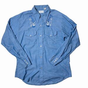 Vintage Men's Western Shirt Blue Embroidered Pearl Snap Long Sleeve